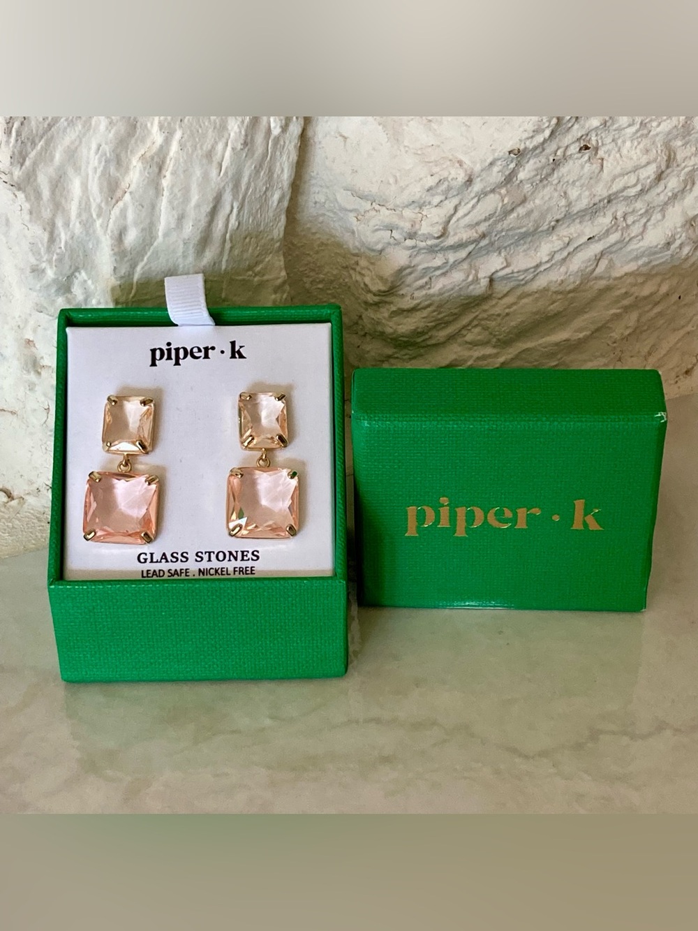 NWT and box Piper K gold tone double square pink glass stone drop earrings